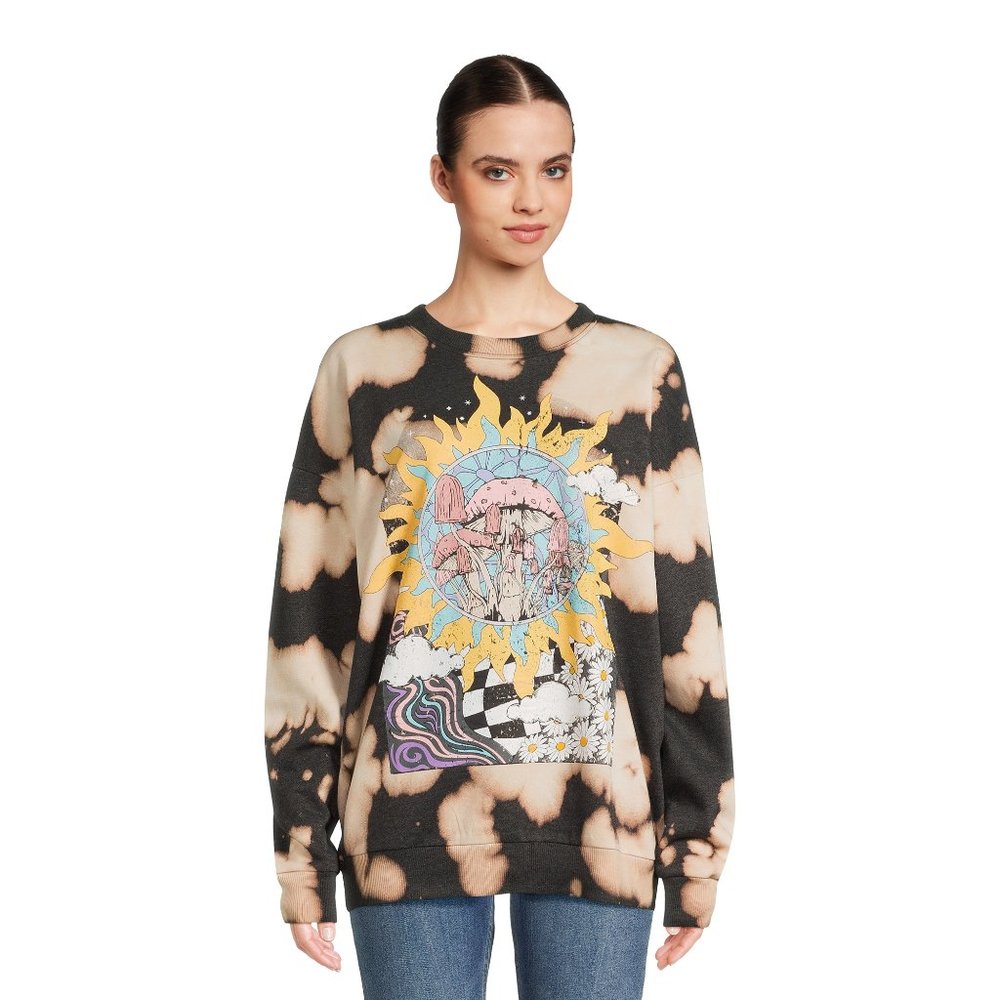 No Boundaries Juniors’ Washed Graphic Sweatshirt, Sizes XS-XXXL-Black Soot Bleac